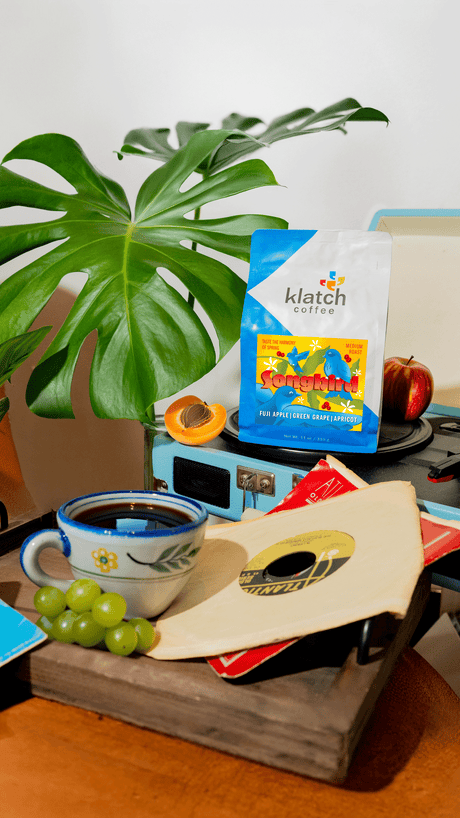 Songbird coffee bag on record player with apple and apricot. A wooden tray with a cup of coffee, grapes with record. A large leave plant in the background.
